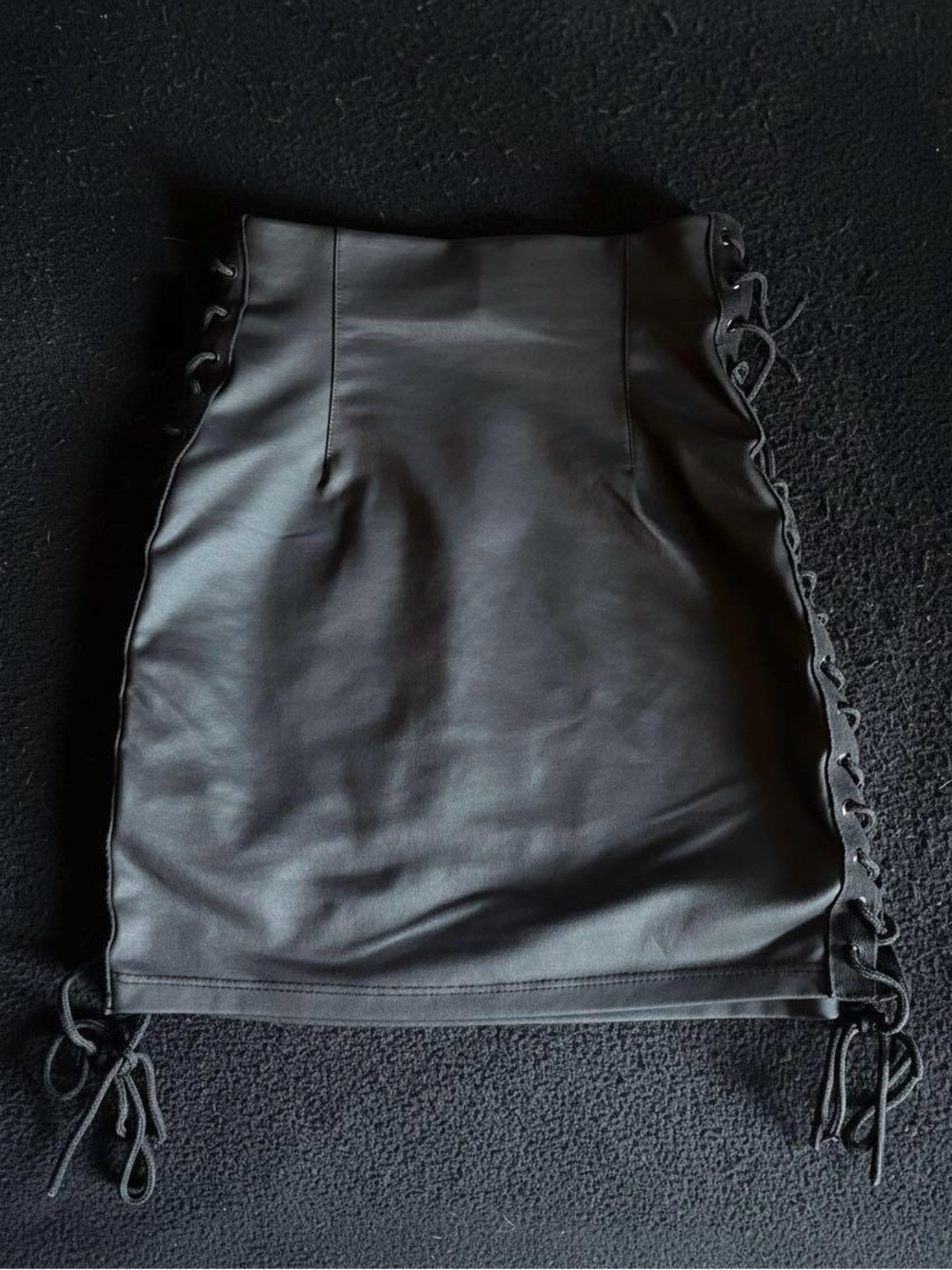 Black Lace-Up Faux Leather Mini Skirt w/ Laced Sides by Stichic